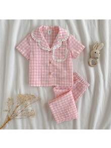 Loomiva 2件套女婴彩色格子领长袖开衫衬衫和松紧腰裤套装 - 粉色 - 查看 8