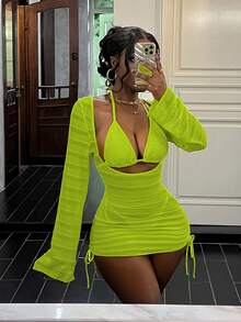 BamGleam Spring/Summer New Luminous Solid Neon Yellow Textured Fabric High Stretch Sexy Hollow Out Side Bodycon Slim Fit Black Party Outing Sailing Vacation Beach Outfit Women Romantic Vacation One-Piece Swimsuit Cover Up - Green - View 3