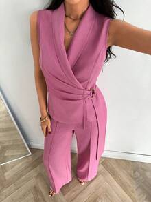 EURMUSE 女士休闲、办公、通勤纯色披肩领褶皱系带背心和前开衩阔腿西装裤套装，春夏秋季 - 粉色 - 查看 3
