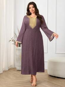 Al Najma Gaun Wanita Ukuran Besar Elegan Gaya Arab dengan Hiasan Pita dan Lengan Lonceng - Purple - View 4