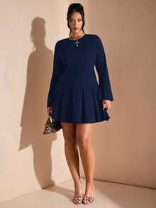 SHEIN BAE 大码女装、曲线身材服装、夏季海滩度假服装、约会装、外出装、音乐节装、乡村音乐节装、派对聚会装、节日服装、演唱会服装、嘉年华派对服装、节日服装、ins风服装、卡其色西装裤、办公服装、通勤服装、工作服、长袖迷你连衣裙、女士生日礼服、女士太阳裙 - 藏蓝色 - 查看 4
