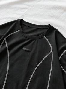 AXEPEAK Men's Contrast Stitching Casual Versatile Crew Neck Long Sleeve T-Shirt - Black - View 3