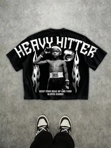 Manfinity EMRG Plus Size Men Street Style Cropped Loose Boxing Graphic T-Shirt, Great Gift For Friends - Black - View 5