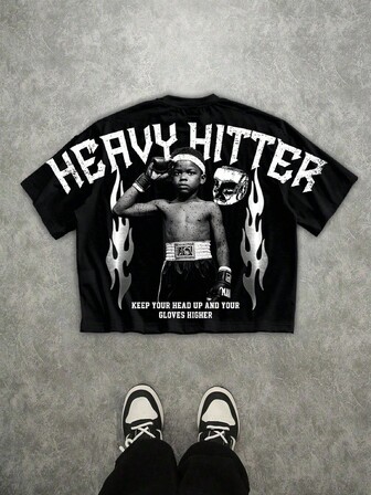 Plus Size Men Street Style Cropped Loose Boxing Graphic T-Shirt, Great Gift For Friends