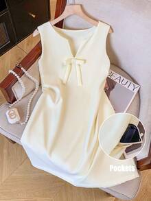 GlowEve Apricot Sleeveless V-Neck Bow Elegant Women Short Dress - Light Yellow - View 1