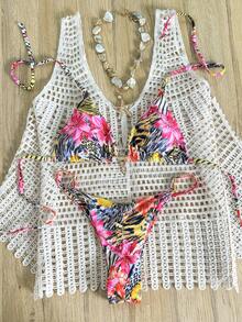 Elavelle Bộ đồ đi biển mùa hè dành cho nữ, bikini gợi cảm với họa tiết ngẫu nhiên, kiểu cổ yếm và trang trí kim loại. - Nhiều màu - Xem 3