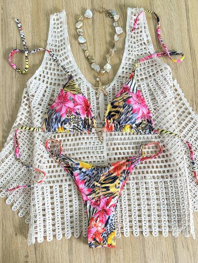Elavelle Springbreak Women Beachwear Summer Outfits, Random Print Halter Metal Decor Sexy Bikini Set