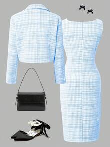 SHEIN 两件套大童优雅粗花呢短款西装外套+无袖修身连衣裙，正式套装，春秋季 - 藍色 - 查看 2