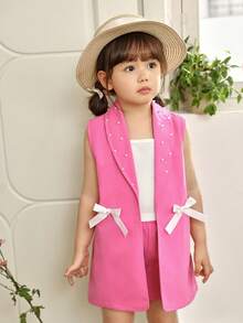 SHEIN 3pcs Young Girls Pink Blazer, Camisole, And Pearl Shorts Set, Casual Elegant Summer Outfit - Hot Pink - View 1