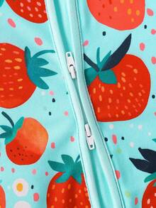 Infant & Baby Girl Cartoon Strawberry Print Zip-Front Long Sleeve Jumpsuit Pajamas (With Detachable Sleeve & Foot Covers) Snug Fit
