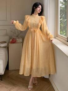 DAZY 女士优雅纯色纹理荷叶边领系带长连衣裙，春夏婚礼宾客礼服 - 黃色 - 查看 6