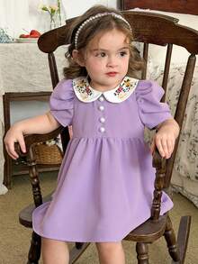 LMoss Kids LMoss Baby Girl's Purple Dress With Floral Embroidery, Peter Pan Collar, And Puff Sleeves; Casual And Stylish,فستان,فستان بنات - Purple - View 1