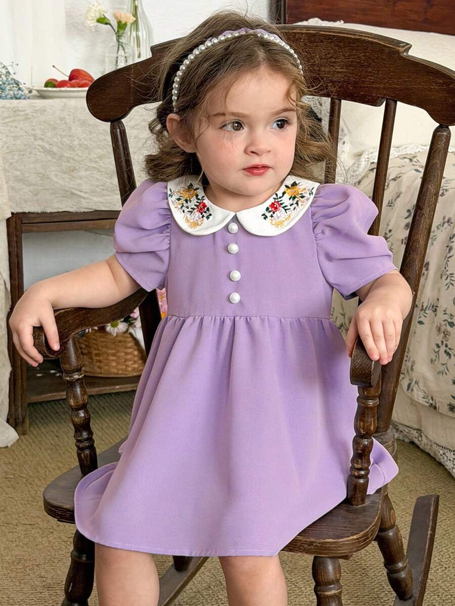 LMoss Kids LMoss Baby Girl's Purple Dress With Floral Embroidery, Peter Pan Collar, And Puff Sleeves; Casual And Stylish,فستان,فستان بنات - Purple - View 1