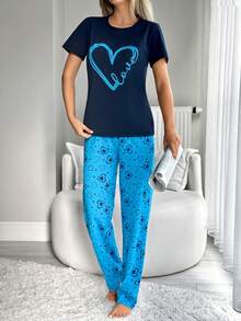 EURMUSE Cotton Line Women Heart Printed Comfy 2Pcs Pajama Set Short Sleeve And Pants - Blue - View 3