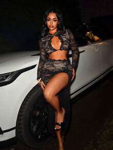 BamGleam Valentines Sexy Women'S Lace See-Through Twisted Bell SleeveTop & High Slit Skirt, 2pcs/Set - Black - View 7