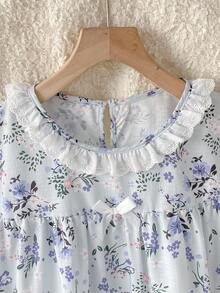Spring/Summer Vintage Ditsy Floral Elegant Short Sleeve Knee-Length Dress With White Ruffle Collar Splice, Sweet Home Dress/Sleepwear For Girls Vintage Floral All-Over Print Neckline Lace Trim Short Sleeve Long Dress. Combination Holiday Vacation Essential - Mint Green - View 5