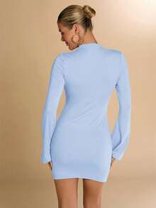 SHEIN BAE Women's Mock Neck Ruched Mini Bodycon Long Sleeve Dress, Suitable For Autumn/Winter, Layering, Casual, Office Wear - Baby Blue - View 2