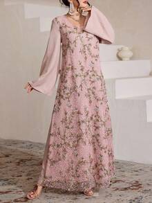 SHEIN Najma 女士优雅花卉刺绣蕾丝宽松喇叭袖圆领度假风连衣裙 - 粉色 - 查看 4