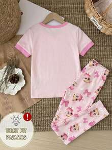 Tween Girl Casual Cartoon Pattern Short Sleeve Crew Neck T-Shirt Top And Snug Fit Leggings Loungewear Set