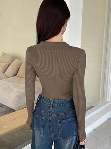 DAZY Áo len nữ dáng ôm, màu trơn, dệt kim gân. - Màu Khaki - Xem 4