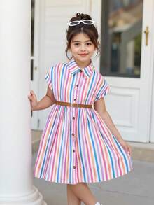 Elladie kids Đầm sơ mi dáng rộng, vai rớt, kẻ sọc nhiều màu sắc, cổ bẻ, cài cúc phía trước dành cho bé gái, kèm thắt lưng thời trang, thích hợp cho mặc hàng ngày hoặc thoải mái trong các kỳ nghỉ. - Nhiều màu - Xem 3