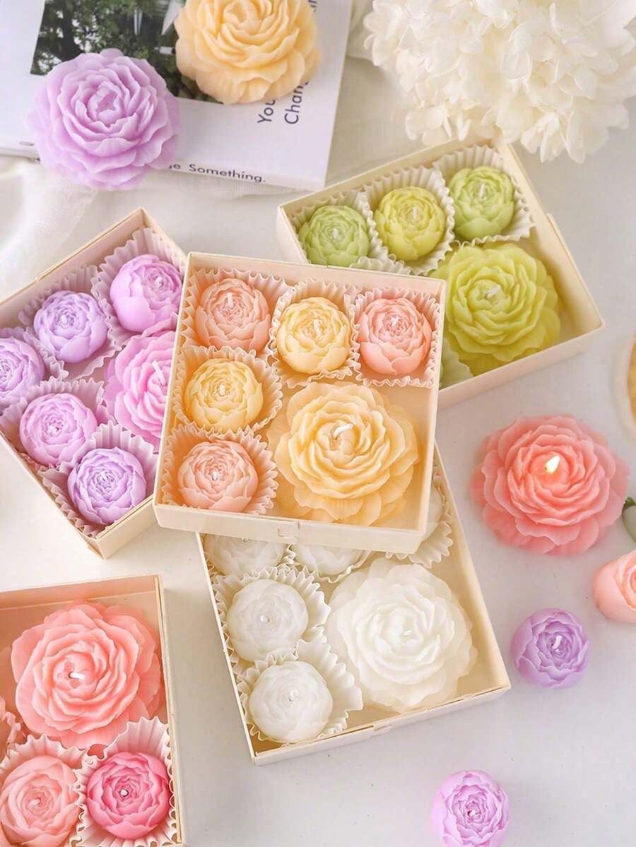 6 Pieces /Set Of Peony Scented Candles, Lavender Fragrance, Rose Fragrance, Home Decoration, Valentine's Day Gift, Wedding Decoration, Party Table Decoration, Candle Ornaments On The Table, Christmas Gift, Gift For Friends, Suitable For Any Occasion: Christmas, Birthday, Mother's Day, Father's Day, Anniversary Gift, Thanksgiving, Valentine's Day - Multicolor - View 1