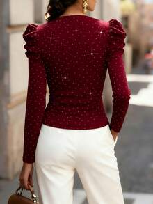 Balvessa Rhinestone Velvet Criss-Cross Neck Elegant Party Long Sleeve Women T-Shirt - Burgundy - View 2