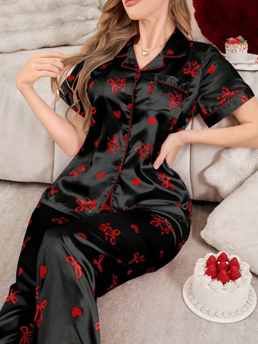 SHEIN 蝴蝶结樱桃印花翻领开衫仿丝绸女士睡衣套装 - 黑色 - 查看 1