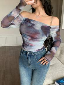 Modelyn Women's Knit Mesh Long Sleeve Off Shoulder Cinched Waist Pleated Casual T-Shirt - Multicolor - View 4