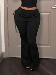 Slaydiva 早春新款，春夏音乐节，情人节，复活节休闲风，简约基础款，Y2K街头甜美风，网红热销款，日常约会，辣妹风，性感运动风，低腰，喇叭腰，侧系带设计，黑色长裤，女士长裤 -A - 黑色 - 查看 11