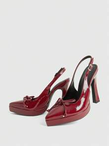 CUCCOO LuxiPop 女士尖头高跟防水厚底鞋，饰有蝴蝶结，PU皮革材质，时尚简约设计，舒适百搭，适合日常、派对和宴会穿着。 - 酒紅色 - 查看 5