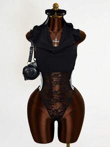 Mistrie Áo liền thân nữ thời trang gợi cảm, phối ren, xuyên thấu, hở lưng, có mũ trùm đầu, thích hợp cho mùa hè. - màu đen - Xem 3