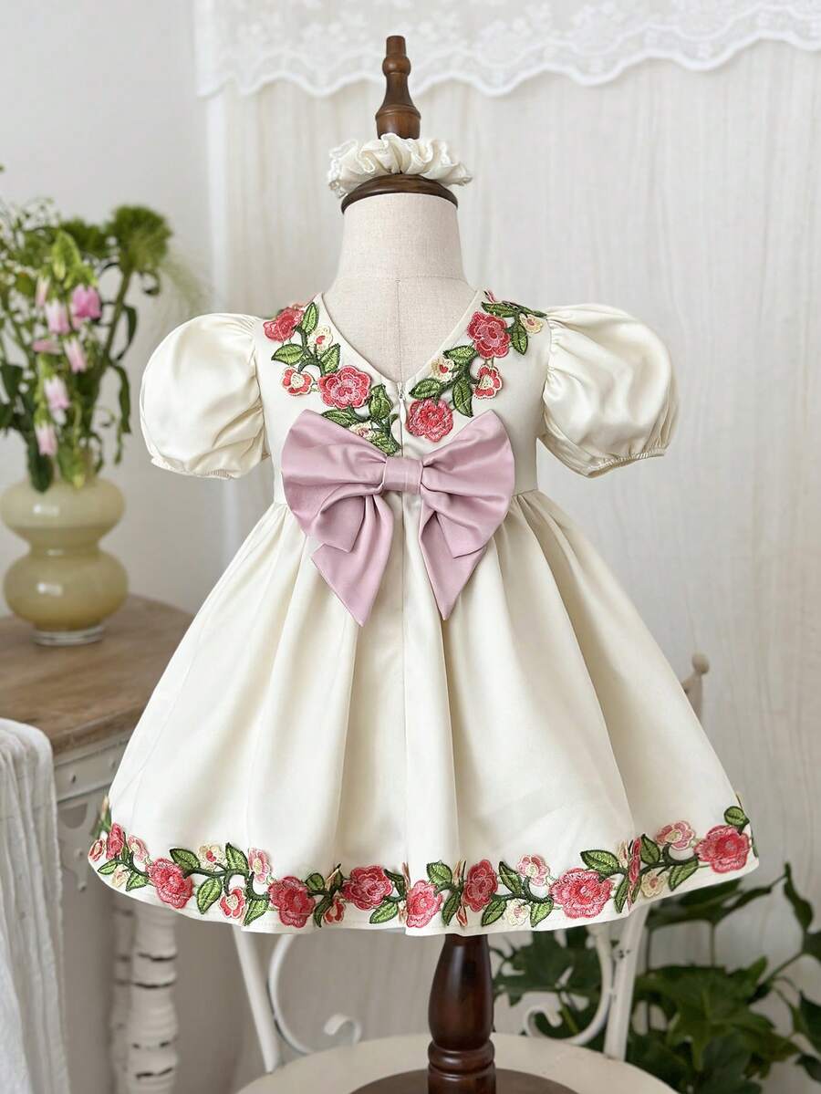 LMoss Kids 女婴纯色碎花圆领休闲连衣裙 - 白色 - 查看 1