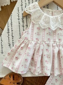 SHEIN LMoss Kids Babygirl Cute Floral Print Ruffle Trim Top And Pants Set, Summer