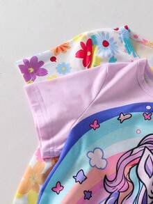 SHEIN 女童独角兽印花圆领短袖荷叶边下摆休闲连衣裙 - 彩色 - 查看 4