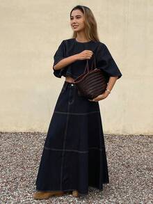 DAZY Women's Round Neck Short 3/4 Flare Sleeve Denim Top And Loose Long Denim Skirt Elegant Washed Denim Set - Dark Wash - View 5