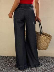 DAZY 女士常规腰围花卉蕾丝边直筒休闲牛仔裤 - 深色水洗藍 - 查看 5