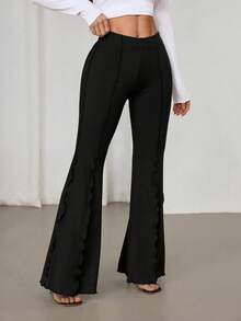 SHEIN PETITE Lettuce Trim Elastic Women's Flared Pants - Black - View 5