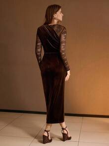 MOTF PREMIUM SPLIT THIGH CONTRAST MESH DRESS - Coffee - View 4
