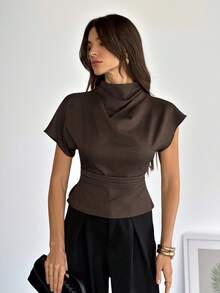 SHEIN Tall Áo kiểu nữ công sở bằng vải lanh tre, cổ áo bất đối xứng, tay áo lệch vai, xếp ly bên hông, thắt eo, màu nâu sô cô la, phù hợp cho mọi mùa. - màu nâu - Xem 5