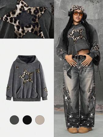 EDITION Grunge-Punk Cool Girl Y2K Subculture Leopard Print Distressed Five-Pointed Star Rivet Sweatshirt, Plus Size Women Jacket Sweatshirt