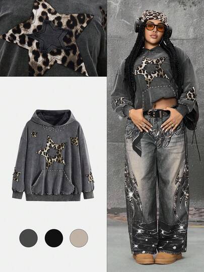 Grunge Punk sweat-shirt à capuche avec imprimé léopard déchiré, étoile à cinq branches et rivets, style grunge-punk cool girl Y2K, veste à capuche pour femmes grande taille