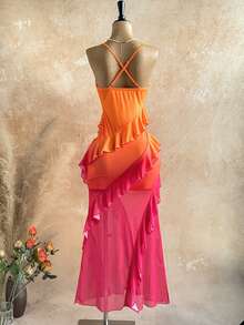 Soleia Đầm nữ in họa tiết hoa cổ điển nhiều màu sắc, cổ xếp ly, gấu đầm bồng bềnh, kiểu dáng đi nghỉ mát. - Màu Cam cháy - Xem 2