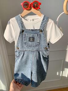 2pcs/Set Young BoyFitted Denim Bib Shorts And White T-Shirt - Blue - View 6