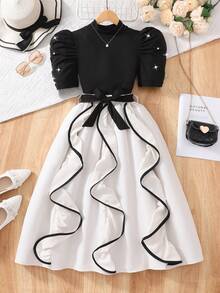 Teen Girl Summer Casual Faux Pearl Beaded Puff Sleeve T-Shirt And Ruffle Hem Skirt Set - Black and White - View 4