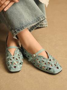 Rosivie 优雅镂空平底女鞋，时尚舒适，法式方头设计，尽显优雅气质 - 綠色 - 查看 4