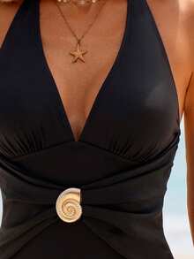 Écloséra 1件装女士纯色金属装饰度假休闲连体泳衣 - 黑色 - 查看 5