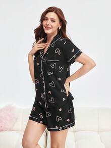 Bonmuse 心形印花撞色滚边睡衣套装 - 黑色 - 查看 4