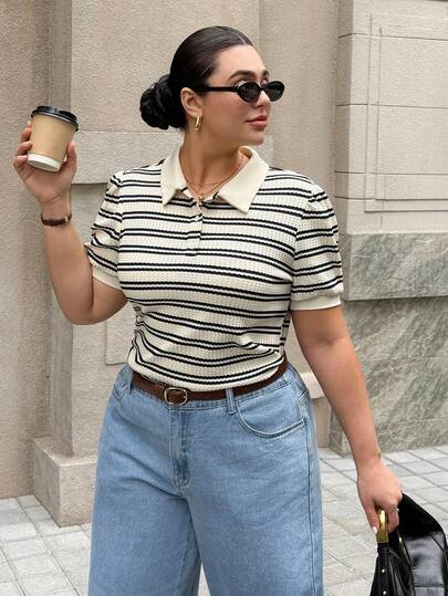 Dripcurv Plus-Size Women's Spring Black And White Striped Polo T-Shirt, Simple And Casual Vacation Outfit.,Casual Outfit For Women,Women's Sportswear,Casual Blouses For Women,Summer Top