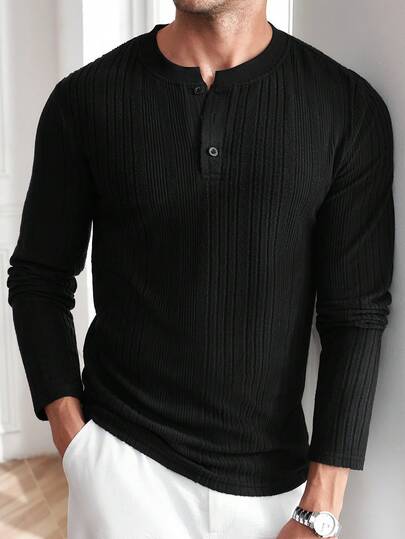 Core Aspect Men's Solid Color Button Half Placket Long Sleeve Ribbed Casual T-Shirt Men Buttoned Knitted Polo Men Henley T-Shirt Long Sleeve,Spring And Summer New Men's Slimming, Ribbed And Textured Stretch Knitted Henry Long-Sleeved T-Shirt, Valentine's Day And Father's Day Gift